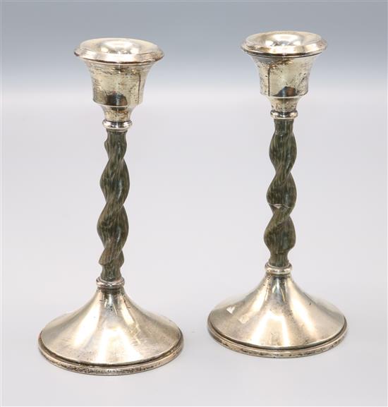 Pair George V silver and bone? candlesticks, cased(-)